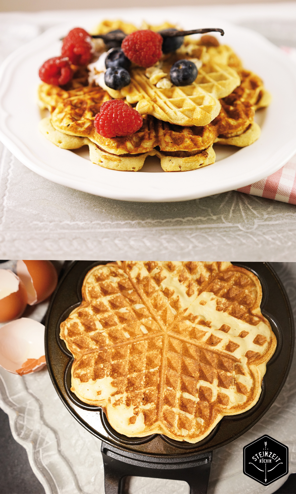 Paleo-Vanille Waffeln, kohlenhydratarm, ballastoffreich und basisch, eine gesunde Frühstücksidee für den Sonntag, ideal zum Abnehmen ohne Mehl und ohne Getreide.