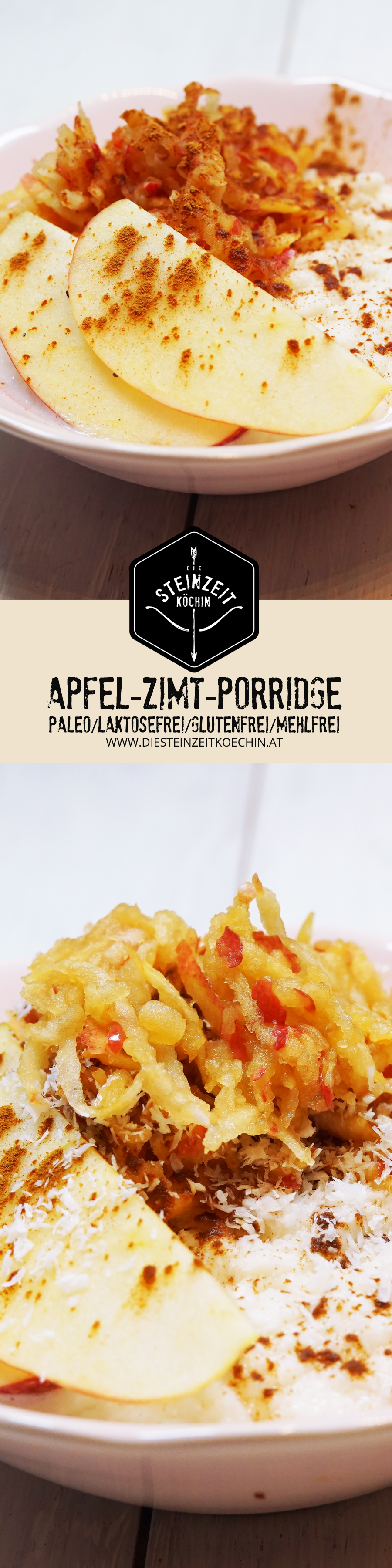 Apfel-Zimt-Porridge-ohne-Getreide-ohne-Milchprodukte, ein schnelles und gesundes Frühstück, ohne Nüsse mit reichlich Ballaststoffen, wenige Zutaten und extrem kalorienarm, ein einfaches und zuckerfreies Rezept um in der Früh schnell satt zu werden.