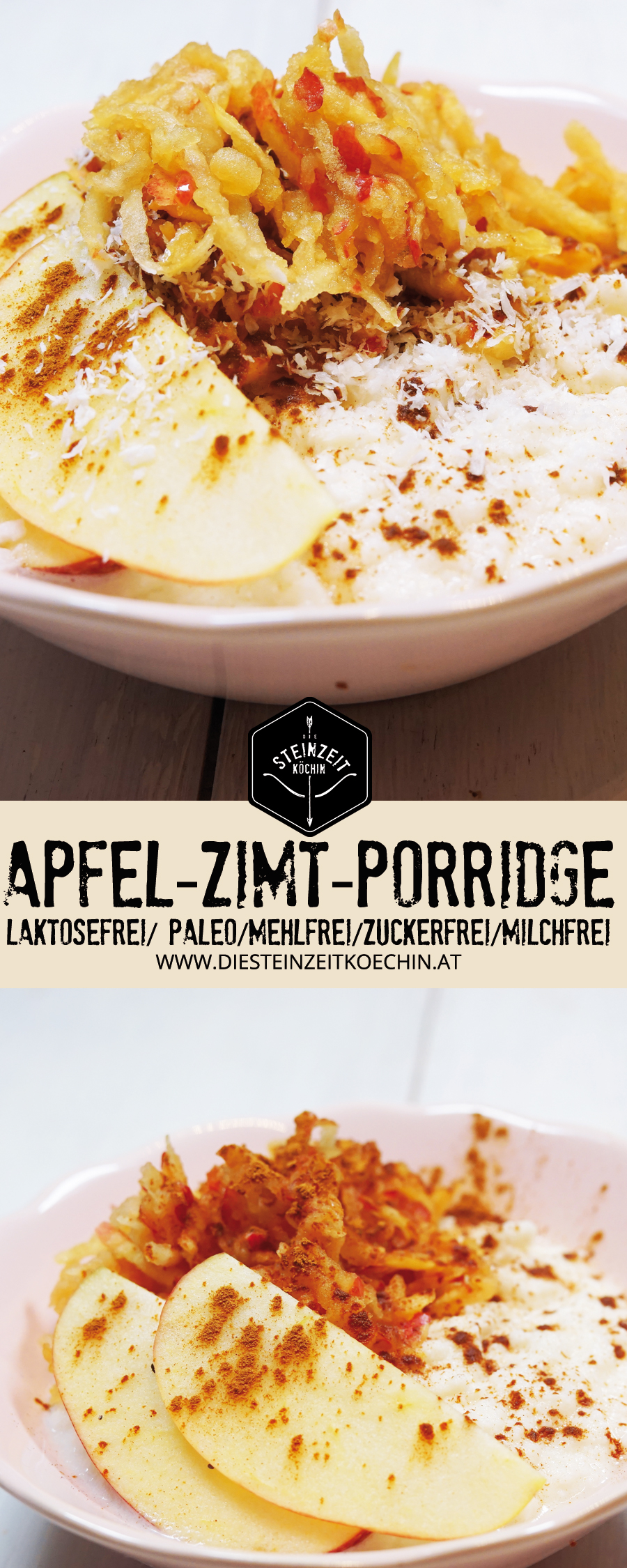 Apfel-Zimt-Porridge-ohne-Getreide-ohne-Milchprodukte, ein schnelles und gesundes Frühstück, ohne Nüsse mit reichlich Ballaststoffen, wenige Zutaten und extrem kalorienarm, ein einfaches und zuckerfreies Rezept um in der Früh schnell satt zu werden.