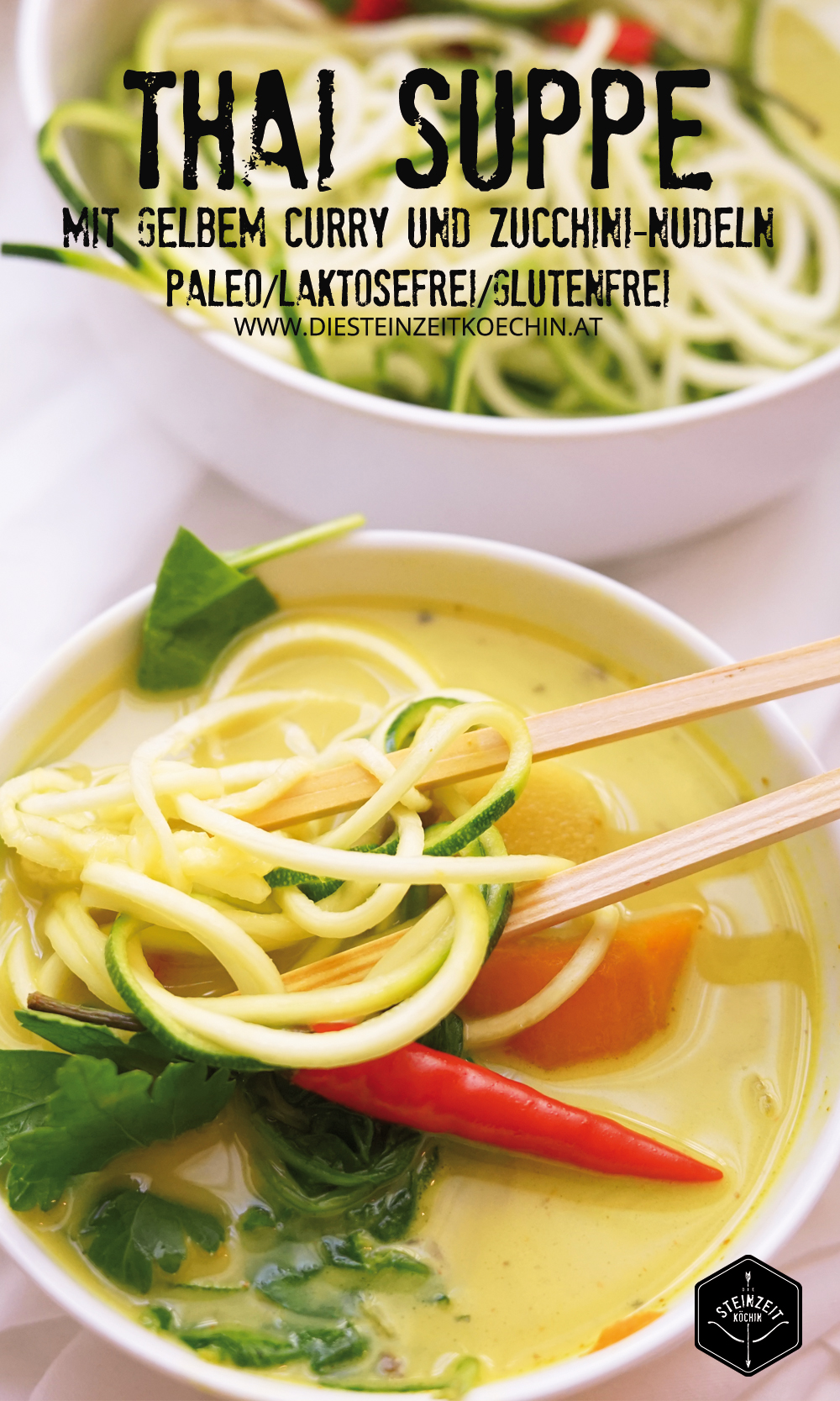 Thai Suppe, mit gelbem Curry und Zucchininudeln, zitronig frisch mit etwas Schärfe. Wenig kohlenhydrate, nur wenige Zutaten, ohne laktosefrei, Paleo, gesundes Rezept, schnell zubereitet, gesundes Mittagessen, Abendessen mit wenigen Kalorien