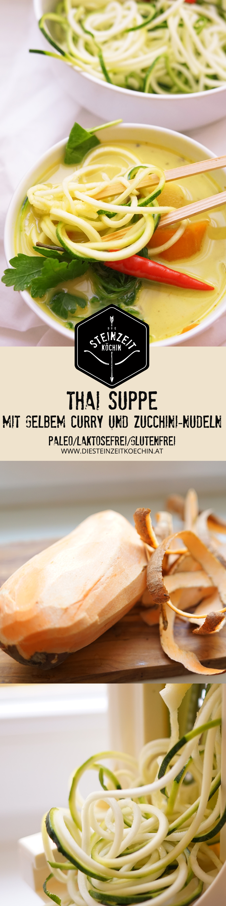 Thai Suppe, mit gelbem Curry und Zucchininudeln, zitronig frisch mit etwas Schärfe. Wenig kohlenhydrate, nur wenige Zutaten, ohne laktosefrei, Paleo, gesundes Rezept, schnell zubereitet, gesundes Mittagessen, Abendessen mit wenigen Kalorien