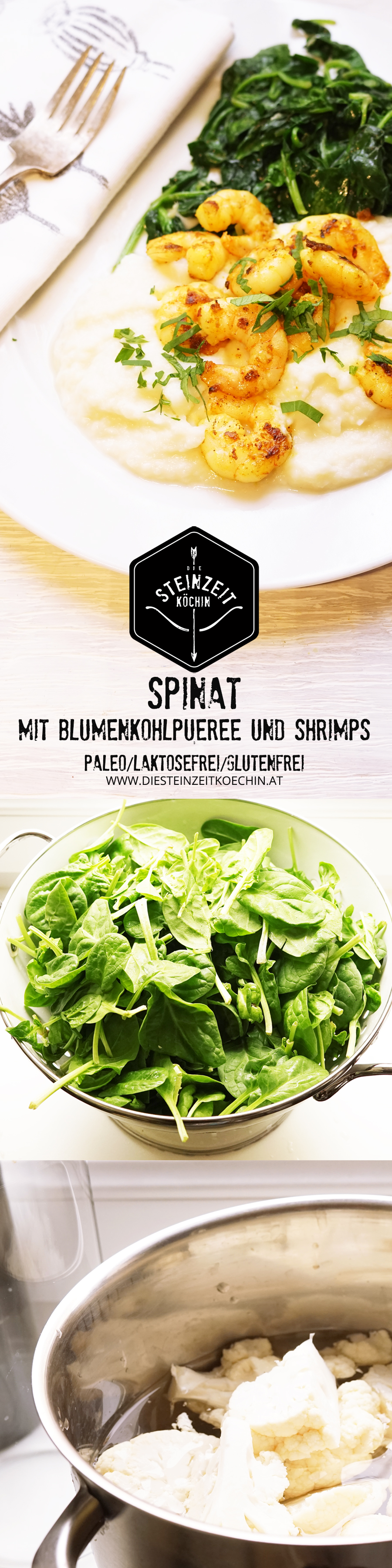 Blumenkohlpüree mit Blattspinat und Shrimps, Garnelen,, Karfiolpüreee, low carb, wenig Kohlenhydrate, schlankes Gericht, laktosefrei, ohne Milchprodukte, getreidefrei, gesundes Rezept in der Fastenzeit, gesundes Mittagessen mit wenig Kalorien ideal zum Abnehmen und schnell zubereitet.