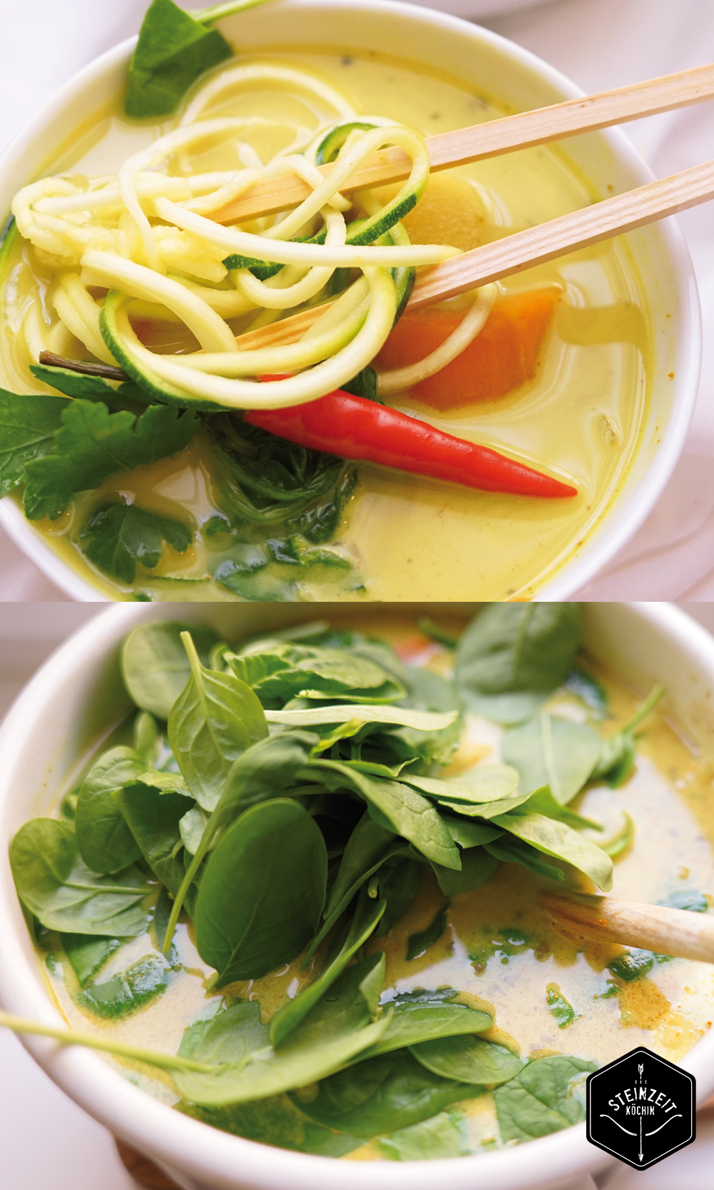 Thai Suppe, mit gelbem Curry und Zucchininudeln, zitronig frisch mit etwas Schärfe. Wenig kohlenhydrate, nur wenige Zutaten, ohne laktosefrei, Paleo, gesundes Rezept, schnell zubereitet, gesundes Mittagessen, Abendessen mit wenigen Kalorien