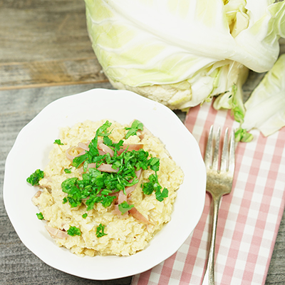 Karfiol-Reis alla Carbonara - Koch-Rezepte Elke Eisner Steinzeitköchin Paleo